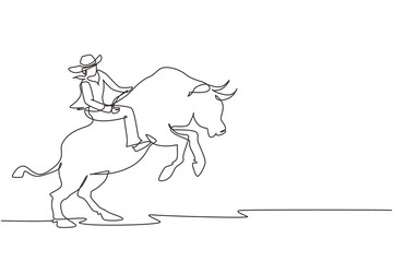 Continuous one line drawing strong and brave cowboy in hat participates in rodeo riding wild bull. Cowboy riding wild bull. Exciting rodeo show. Single line draw design vector graphic illustration