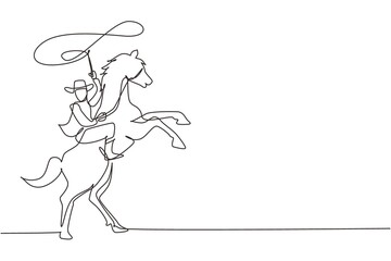 Continuous one line drawing cowboy throwing lasso riding rearing up horse. American cowboy riding horse and throwing lasso. Cowboy with rope lasso on horse. Single line draw design vector graphic - obrazy, fototapety, plakaty