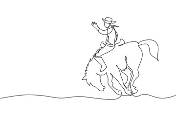 Continuous one line drawing cowboy riding bucking bronco at sunset. Rodeo cowboy at horse ranch. Wild horse race. Cowboy taming wild horse at rodeo. Single line draw design vector graphic illustration