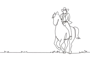 Single continuous line drawing cowboy silhouette riding horse at sunset. Wild west hero,  Mustang and person outdoor, cowboy and horse icon or logo. One line draw graphic design vector illustration