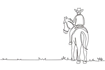 Fototapeta na wymiar Single continuous line drawing cowboy riding horses in desert on wooden sign. Mustang and person outdoor at sunset. Cowboy and horse icon or logo. One line draw graphic design vector illustration
