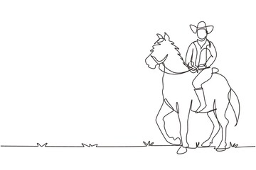 Single continuous line drawing cowboy riding standing horse at desert. Man with cowboy hat riding horse. Senior men pose elegance on horseback. Dynamic one line draw graphic design vector illustration