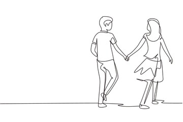 Single one line drawing romantic young couple in love hand in hand. Couple in love spending time together at park. Happy family concept. Modern continuous line draw design graphic vector illustration