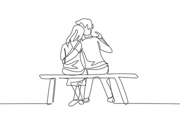 Single one line drawing embracing couple sitting on bench. Happy family concept. Couple in relationship in love. Happy man hugging his partner woman.. Modern continuous line draw design graphic vector