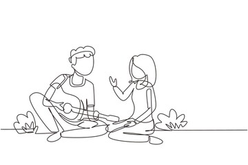 Fototapeta na wymiar Single one line drawing happy couple of lovers has picnic on nature. Romantic man playing music on guitar, girl listen and singing together. Continuous line draw design graphic vector illustration