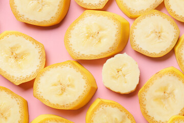 Banana pieces on color background. Concept of uniqueness