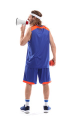Male cheerleader with ball and megaphone on white background