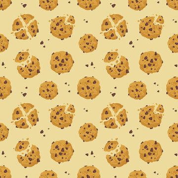 Seamless pattern with oatmeal cookies and chocolate chips. Sweet homemade cakes pattern. Vector cute illustrations in minimalist style. Suitable for kitchen textiles, print design, etc.