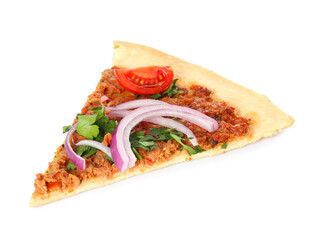 Slice of delicious Turkish pizza on white background
