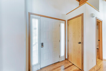White front door interiorwith two side panels and wooden frame