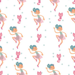 Seamless pattern with cartoon cute ballerinas and pink cats on a white background. Children s drawing hand-drawn with kittens and girls in the style of Scandinavian minimalism. Vector illustration