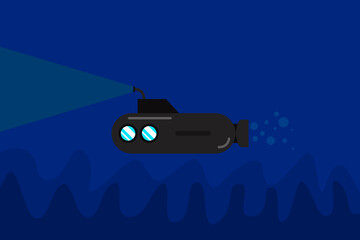 Submarine sailing in the dark with light underneath underwater waves bubbles