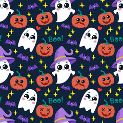 Seamless background with characters of the holiday Halloween. Pumpkin, ghost and bats in cute cartoon childish style. Children s print, funny monsters on a dark blue background. Vector illustration