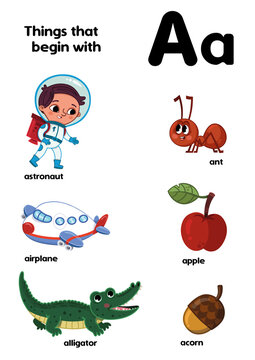 Things that start with the letter A. Vector illustration.
