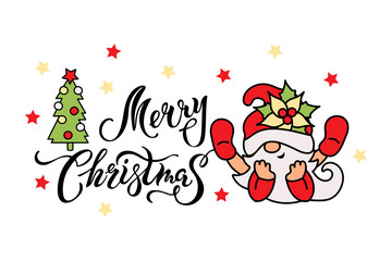 Fototapeta na wymiar Handwritten lettering Merry Christmas and gnome with poinsettia and christmas tree on white background. Vector illustration.