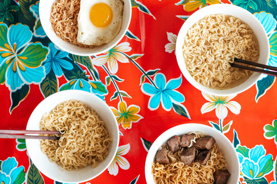 Selection of instant noodles in bowls