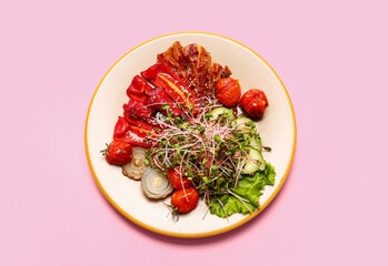 Plate of tasty salad with vegetables, fried bacon and micro green on color background