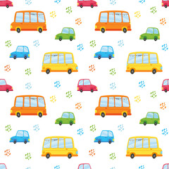 Seamless pattern with cute colorful buses and cars on a white background. Vector illustration in minimalistic flat style, auto. Children s print for baby textiles, print design, postcards