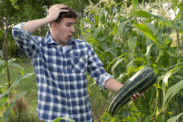 Humorous Portrait of surprised Teenager fooling around, holding large green Zucchini. Vegetarian...