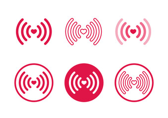 Serce i wifi. Piktogram wifi. Zestaw ikon sygnał wifi z serduszkiem. Siła sygnału wifi na białym tle. Światowy symbol komunikacji, zasięgu sieci.
