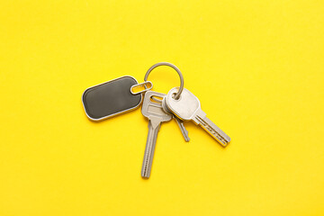Keys with stylish keychain on color background
