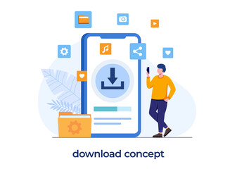 free download system concept, internet, updating, installation, man with smartphone downloading document, flat illustration vector