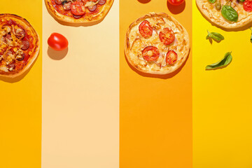 Tasty mini pizzas on color background - obrazy, fototapety, plakaty
