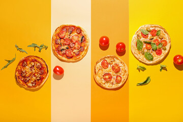 Composition with tasty mini pizzas on color background