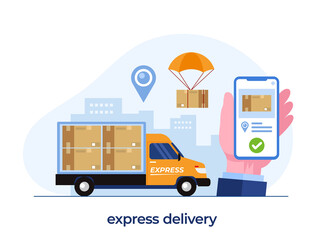 delivery services concept, online delivery application, fan with package, shipping, flat illustration vector