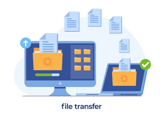 file transfer concept, backup data, document save on storage, technology cloud, upload and download, flat illustration vector template - obrazy, fototapety, plakaty