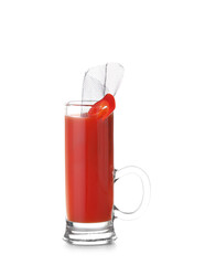 Shot of tasty bloody Mary cocktail on white background