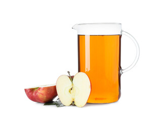 Jug of tasty apple juice on white background