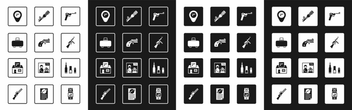 Set Mauser gun, Small revolver, Weapon case, Location with weapon, Tommy, Anti-tank hand grenade, Bullet and Hunting shop icon. Vector