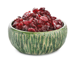 Bowl with tasty dried cranberries on white background