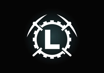Obraz premium Initial L monogram letter alphabet with pickaxe and gear sign. Mining logo design concept. Modern vector logo for mining business and company identity.