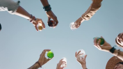 happy group of friends making toast celebrating friendship reunion drinking enjoying weekend gathering having fun party celebration relaxing on summer day view from below 4k 