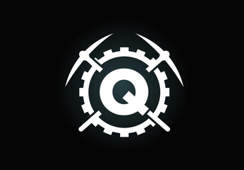 Initial Q monogram letter alphabet with pickaxe and gear sign. Mining logo design concept. Modern vector logo for mining business and company identity.