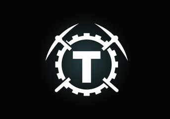 Initial T monogram letter alphabet with pickaxe and gear sign. Mining logo design concept. Modern vector logo for mining business and company identity.