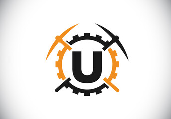 Initial U monogram letter alphabet with pickaxe and gear sign. Mining logo design concept. Modern vector logo for mining business and company identity.