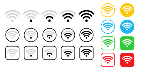 Znak WiFi. Symbol Wi-Fi. Ikona sieci bezprzewodowej. Strefa Wi-Fi. Przyciski w różnych kolorach. Siła sygnału wifi na białym tle. Światowy symbol komunikacji, zasięgu sieci. - obrazy, fototapety, plakaty