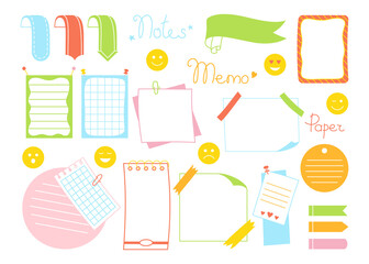 Notebook paper sticky note kawaii set. Blank stickers and notes with elements planning. Abstract graphic notepad curled corners push pins. Various tag different shapes business office. Isolated vector