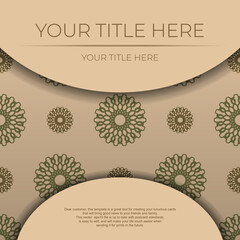 Stylish Template for print design of a postcard in beige color with a luxurious Greek ornament. Vector Preparing invitation card with vintage patterns.