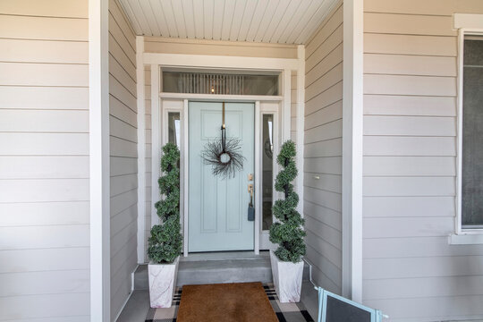 Mint Green Front Door With Transom Window And Two Side Panels