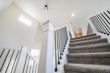 Low angle view of a white newel posts of a carpeted staircase