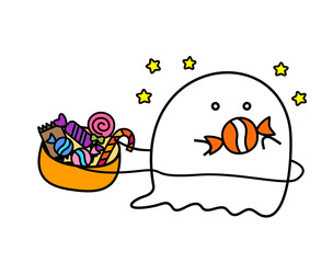 おばけのかわいいキャラクターイラスト。キャンディのおすそ分け。ハロウィン素材。