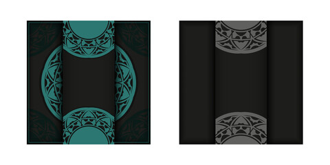 Invitation card template with place for your text and abstract ornament. Luxurious Ready-to-print postcard design in black with blue patterns.