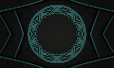 Template for postcard print design with abstract ornament. Black vector banner with Greek blue ornaments and place for your logo and text.