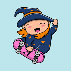 Witch Halloween Character Playing Skateboard with Funny Expression. Halloween Cartoon Character Illustration Isolated on Blue Background.