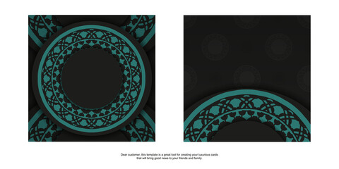 Luxurious Template for print design postcard in black color with blue Greek ornament. Preparing an invitation with a place for your text and abstract patterns.