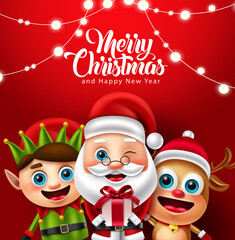 Christmas character vector design. Merry christmas text with reindeer, elf and santa claus characters holding gift for xmas holiday background. Vector illustration.
